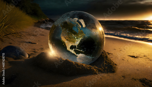 Earth like glass globe washed up on sandy beach with warm light