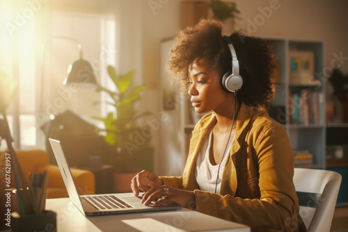 Focused woman working on laptop with headphones