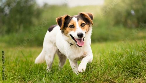 happy pet dog playing on green grass lawn in full length portrait on summer day