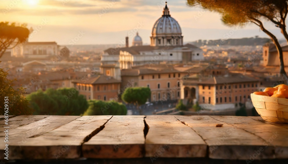 the empty wooden table top with blur background of rome exuberant image for mounting your product digital art high quality photo