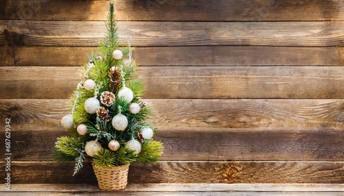 rustic decorated christmas tree near wooden wall web banner vintage natural decor christmas tree on wooden background with copy space