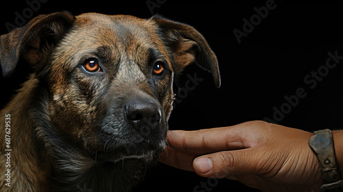 Hands petting a dog's head. Concept of love, companionship, and the unconditional bond between humans and their furry friends.