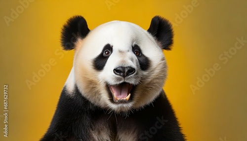 panda looking surprised reacting amazed impressed standing over yellow background © Art_me2541