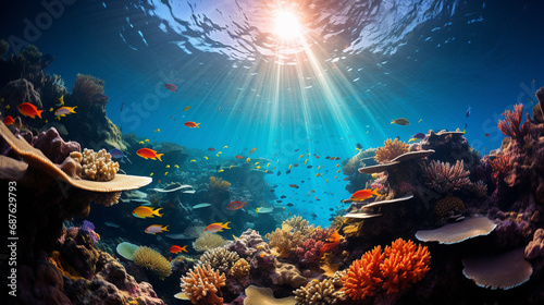 A vibrant underwater scene unfolds in the Great Barrier Reef, a spectacle of color and life that is both awe-inspiring and unforgettable. ai generated. © 1st footage