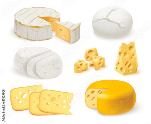 Realistic cheese. 3d Cheeses kinds, slice piece and whole cheddar hard edam raw cottage white mascarpone gouda block swiss tasty appetizer