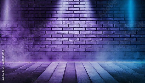 brick wall texture pattern blue and purple background an empty dark scene laser beams neon spotlights reflection on the floor and a studio room with smoke floating up for display products