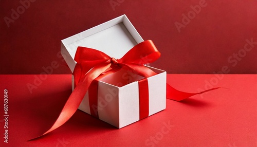 empty open white gift box with red ribbon on red background copy space