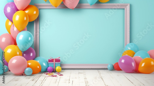stockphoto, birthday photo frame template with balloons and cake. Beautiful template design for birtday card, birthday invitation, greeting card. photo