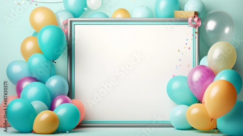 stockphoto, birthday photo frame template with balloons and cake. Beautiful template design for birtday card, birthday invitation, greeting card.