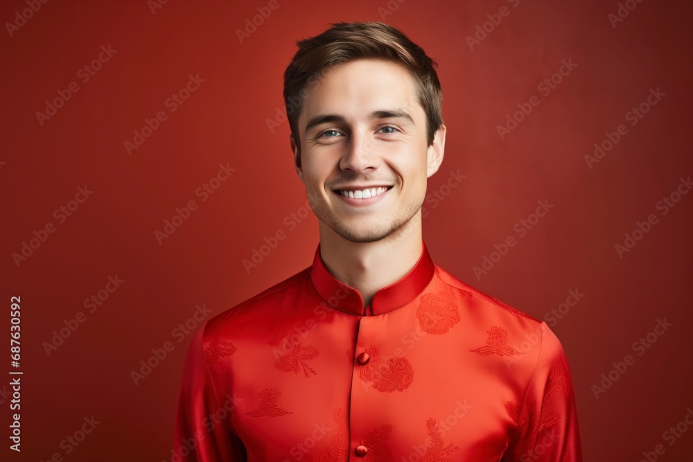 Young european man smiling, wearing cheongsam, one color background, copy space. generative ai Young european man smiling, wearing cheongsam, one color background, copy space. generative ai