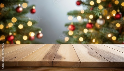 empty wooden table over defocused christmas background with copy space