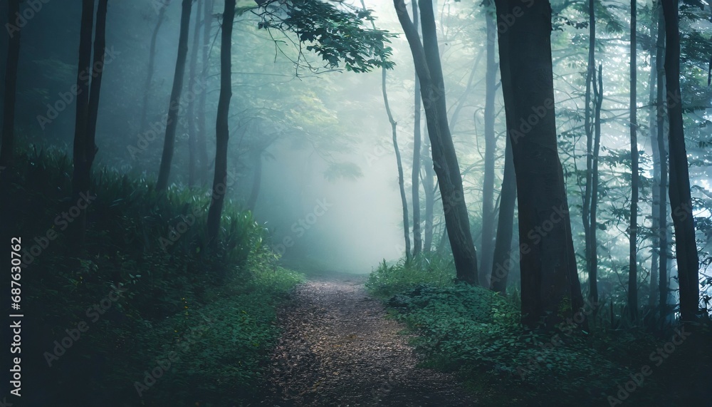Fototapeta premium dreamy foggy dark forest trail in moody forest alone and creepy feeling in the woods