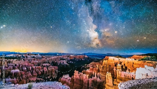 night sky skyscape with many stars in milky way in bryce canyon national park in utah at pariah view overlook looking up with colorful blue and yellow colors