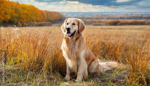 golden retriever on the background of an autumn field