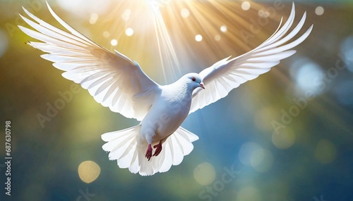 one white dove freedom flying wings on background symbol of international day of peace holy spirit of god in christian religion heaven concept © Art_me2541