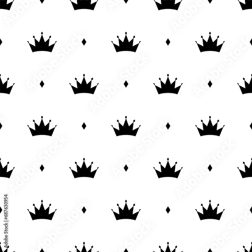 Small black crowns and rhombuses isolated on a white background. Monochrome royal seamless pattern. Vector simple flat graphic illustration. Texture.