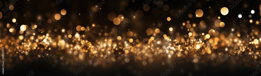 Fototapeta premium Christmas glowing Golden Background. Christmas lights. Gold Holiday New year Abstract Glitter Defocused Background With Blinking Stars and sparks. Blurred Bokeh.