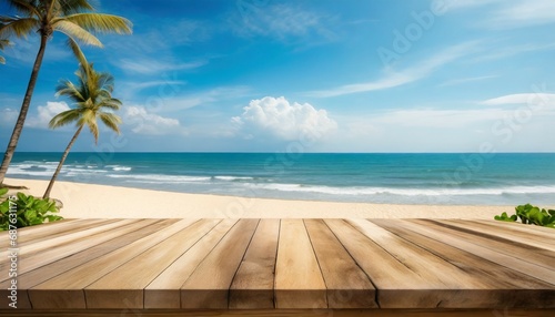 top of wood table with blurred sea and blue sky background empty ready for your product display montage concept of beach in summer © Art_me2541
