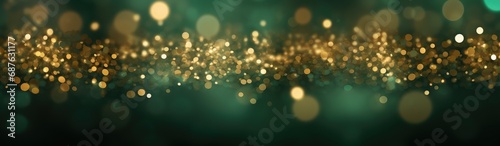 Green festive background with golden glitter bokeh lights. Panoramic view