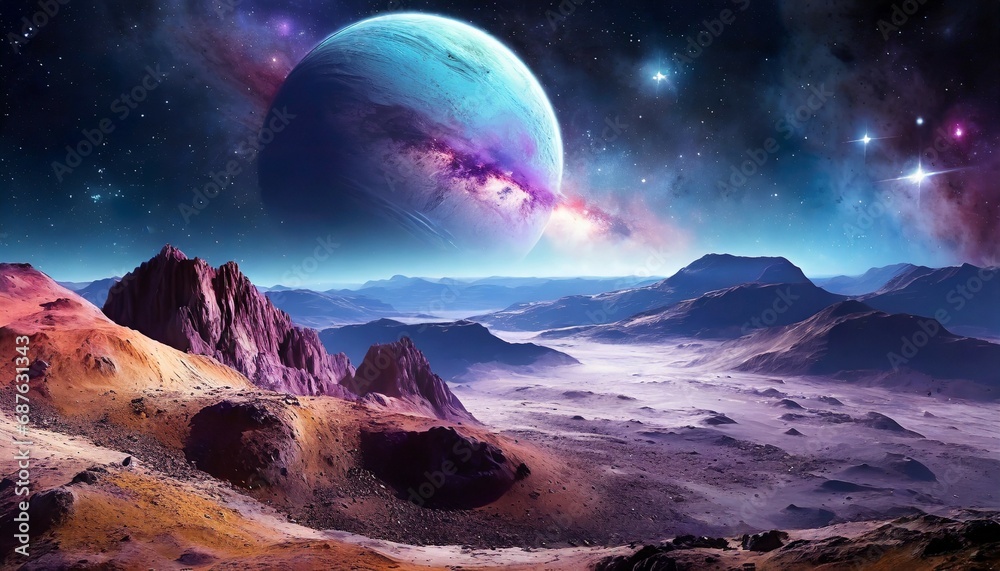 landscape of an alien planet view of another planet with stars and nebulas science fiction cosmic background generative ai