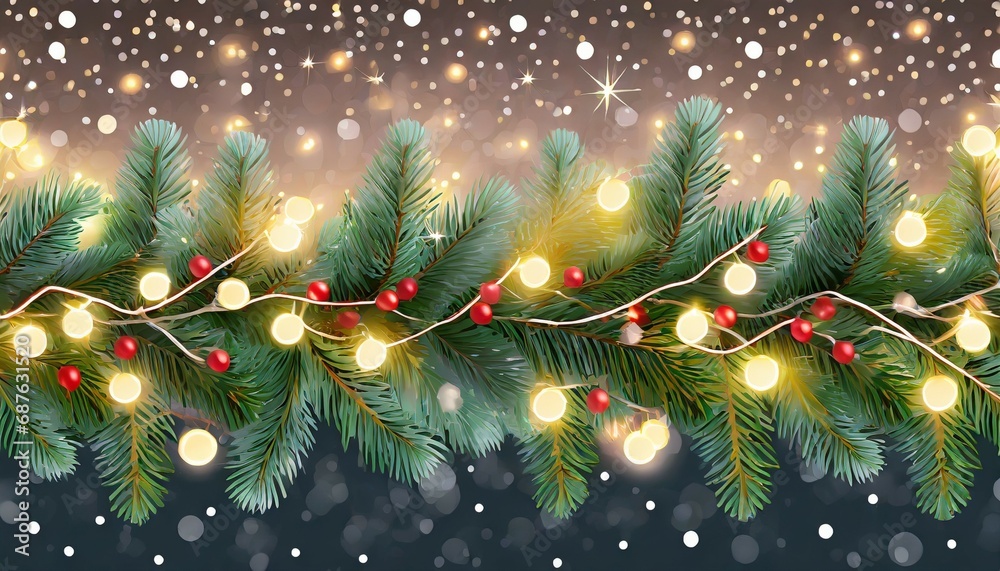 seamless decorative christmas border with coniferous branches and garlands of christmas lights on background