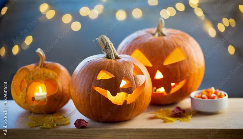 close up of carved halloween pumpkins on table