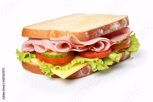 A sammie filled with ham, cheese, and veggies isolated on a white surface.