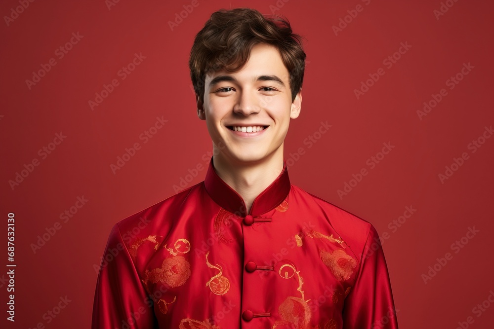 Young european man smiling, wearing cheongsam, one color background, copy space. generative ai Young european man smiling, wearing cheongsam, one color background, copy space. generative ai