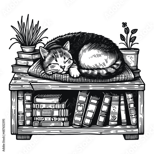 cute cat sleeping on a bookshelf at home sketch