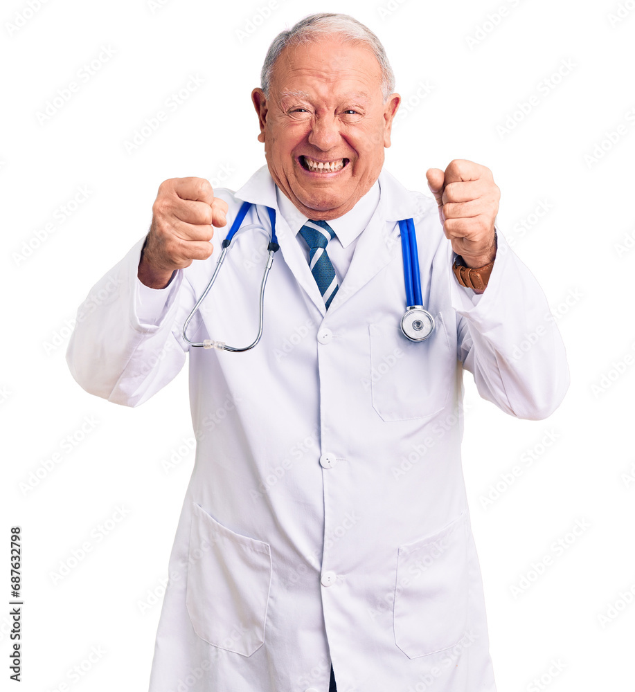 Senior handsome grey-haired man wearing doctor coat and stethoscope angry and mad raising fists frustrated and furious while shouting with anger. rage and aggressive concept. Senior handsome grey-haired man wearing doctor coat and stethoscope angry and mad raising fists frustrated and furious while shouting with anger. rage and aggressive concept.