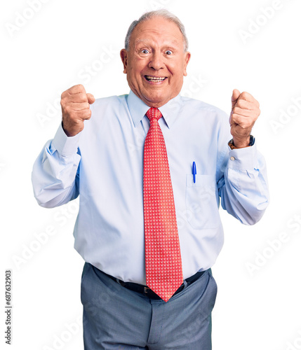 Senior handsome grey-haired man wearing elegant tie and shirt celebrating surprised and amazed for success with arms raised and open eyes. winner concept.