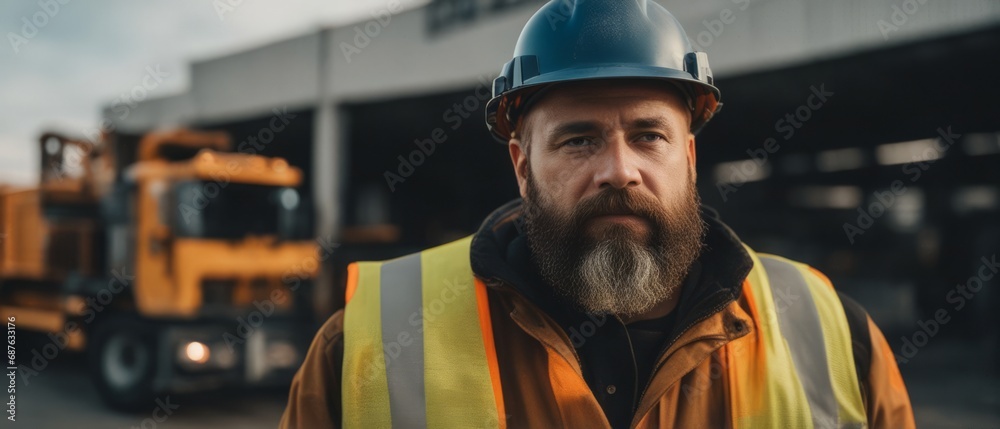Construction worker on site, a man with a beard in a vest and helmet against the background of a truck Construction worker on site, a man with a beard in a vest and helmet against the background of a truck