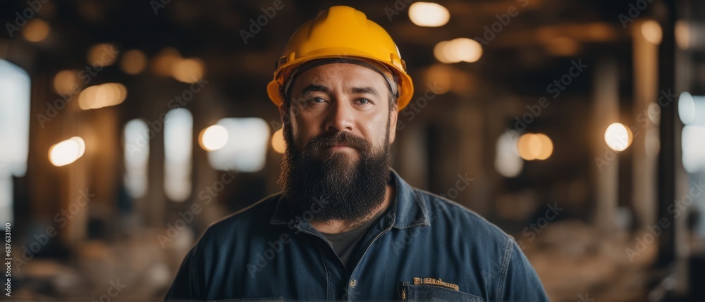 Construction worker on site, bearded man in a yellow hard hat.