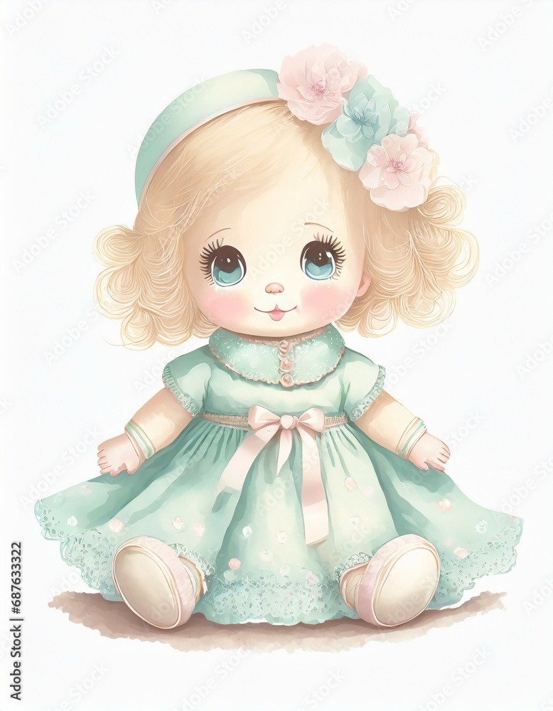 children's illustration, pastel colors, doll cute