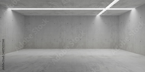 Fototapeta Naklejka Na Ścianę i Meble -  Abstract empty, modern concrete room with cross shaped light stripes in the ceiling and rough floor - industrial interior background template