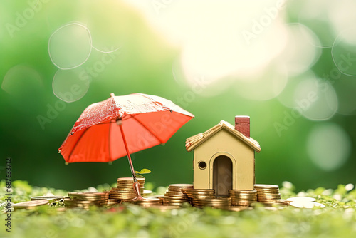 Mortgage protection or renter home insurance. Miniature house model and coins with red umbrella in sunlight on green nature background