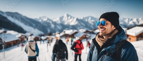 Guy with glasses and jacket in the background of a group of people at a ski resort