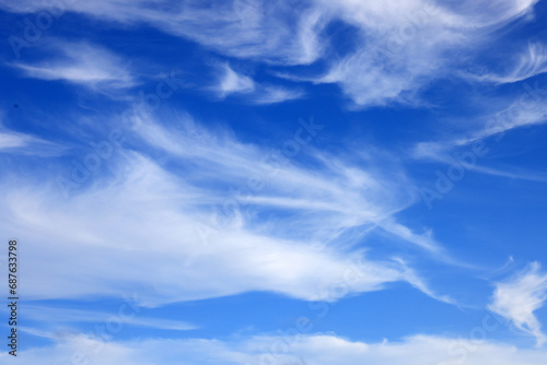 Beautiful blue sky with white wispy clouds, a perfect replacement background for photos.