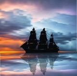 ship silhouette with reflection at dark sunset