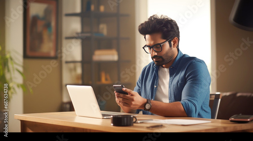 Young indian man using smartphone and laptop photo