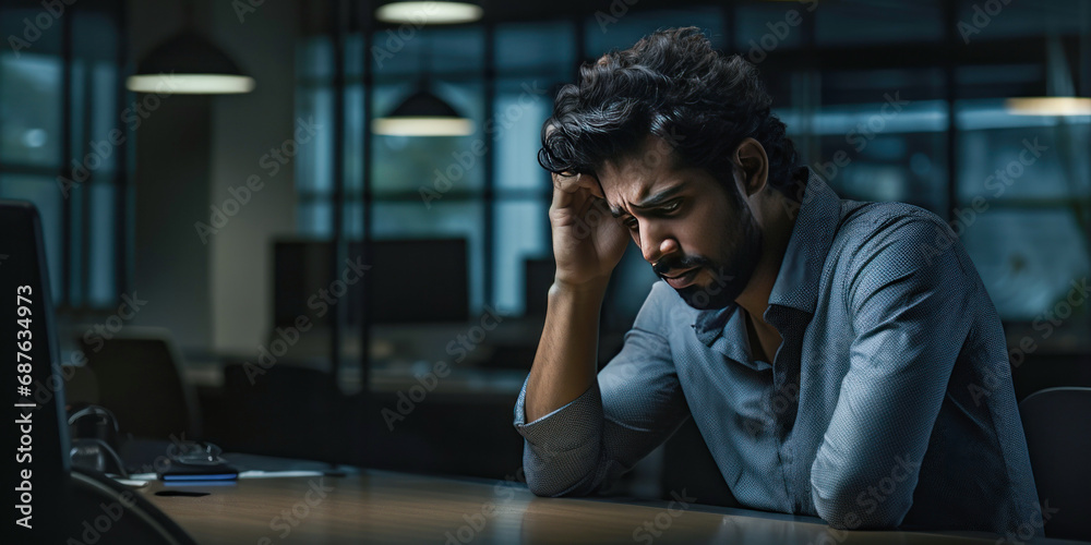 Young indian businessman filling stress at office - obrazy, fototapety, plakaty 