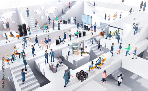 Fototapeta Naklejka Na Ścianę i Meble -  Lots of business people running up and down stairs in an abstract business environment, business busy life, working together concept. 3D rendering illustration