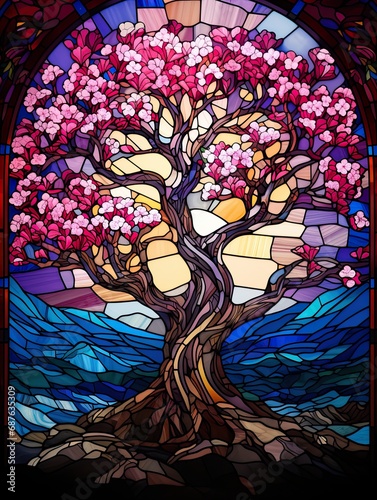 Stained glass window with pink cherry blossom tree.