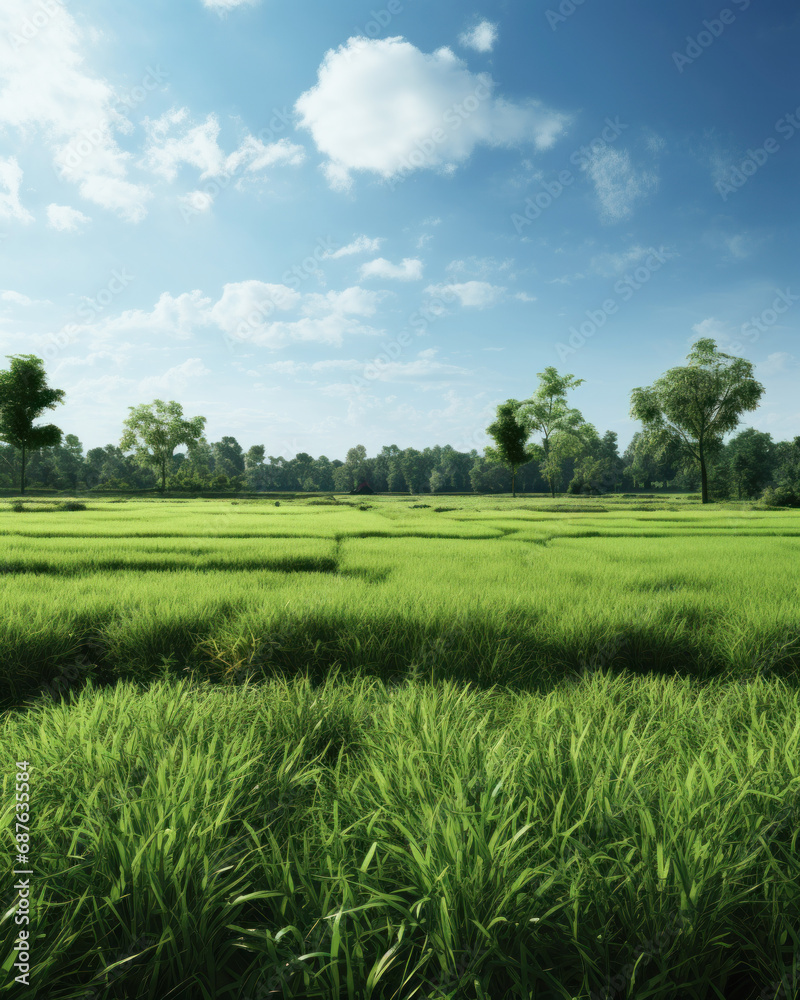 Rice agriculture field with blue sky background.