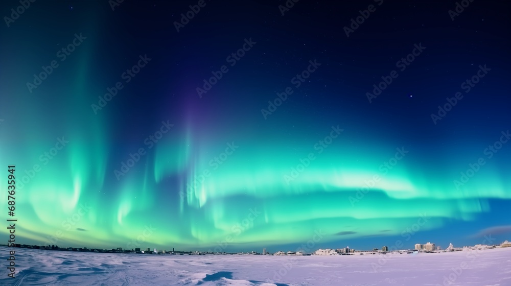 Northern lights against the backdrop of a snowy field
