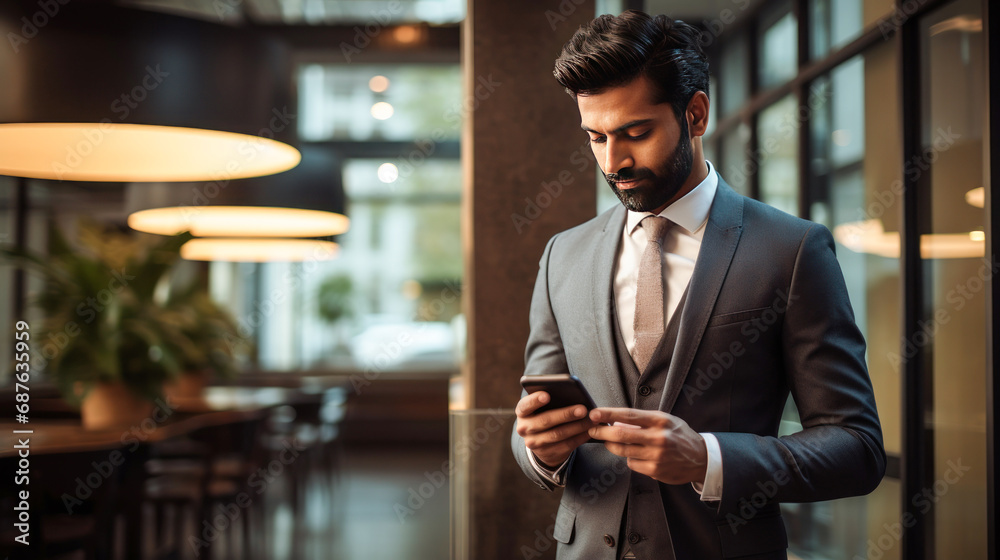 Young indian businessman using smartphone - obrazy, fototapety, plakaty 