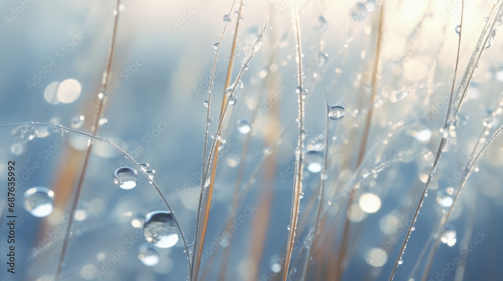 Fototapeta premium close-up shot capturing the delicate white dewdrops clinging to the slender reeds, high quality, copy space, 16:9