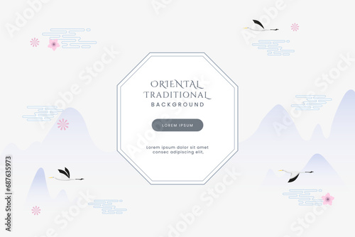 Simple and elegant oriental traditional banner composed of mountain, lampion, flowers, birds, clouds. Oriental elements background for web, promotion, cover, flyer, poster and card.