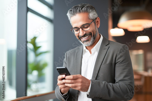 Indian businessman using smartphone and smiling photo