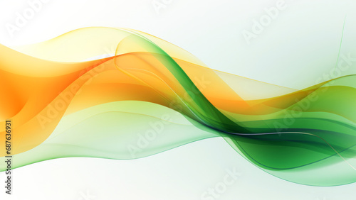 Abstract transparent green and orange waves design with smooth curves and soft shadows on clean modern background. Fluid gradient motion of dynamic lines on minimal backdrop